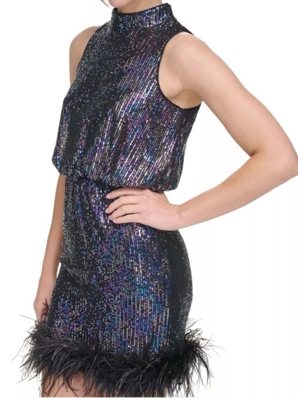 Eliza J Black Iridescent Sequin Feather-Hem Party Dress NWT